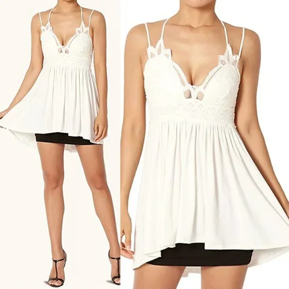 NEW Ivory Boho Crochet Lace Bralette Babydoll Ruffle Long Line Tunic Cami Top - Picture 3 of 8